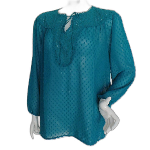 MATILDA JANE Tunic, L, Teal, Swiss Dots, Eyelet Yoke, Long sleeves, Tie neck - Picture 3 of 15